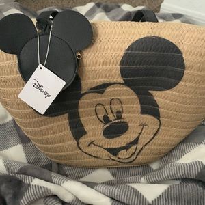 Disney Mickey Mouse, wicker, zipped, beach bag, tote with coin Pouch  beige NWT